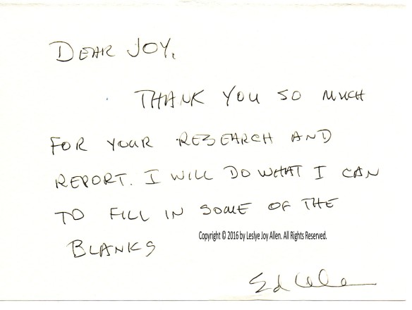 "Thank You Note" from Dr. Edward B. Allen to Leslye Joy Allen, July 1997. ((Copyright © Leslye Joy Allen Photo & Document Collection. All Rights Reserved.)